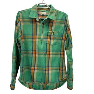 Toad&Co Bodie Dos 1/4 Zip Flannel Plaid Shirt Teal Orange Med
